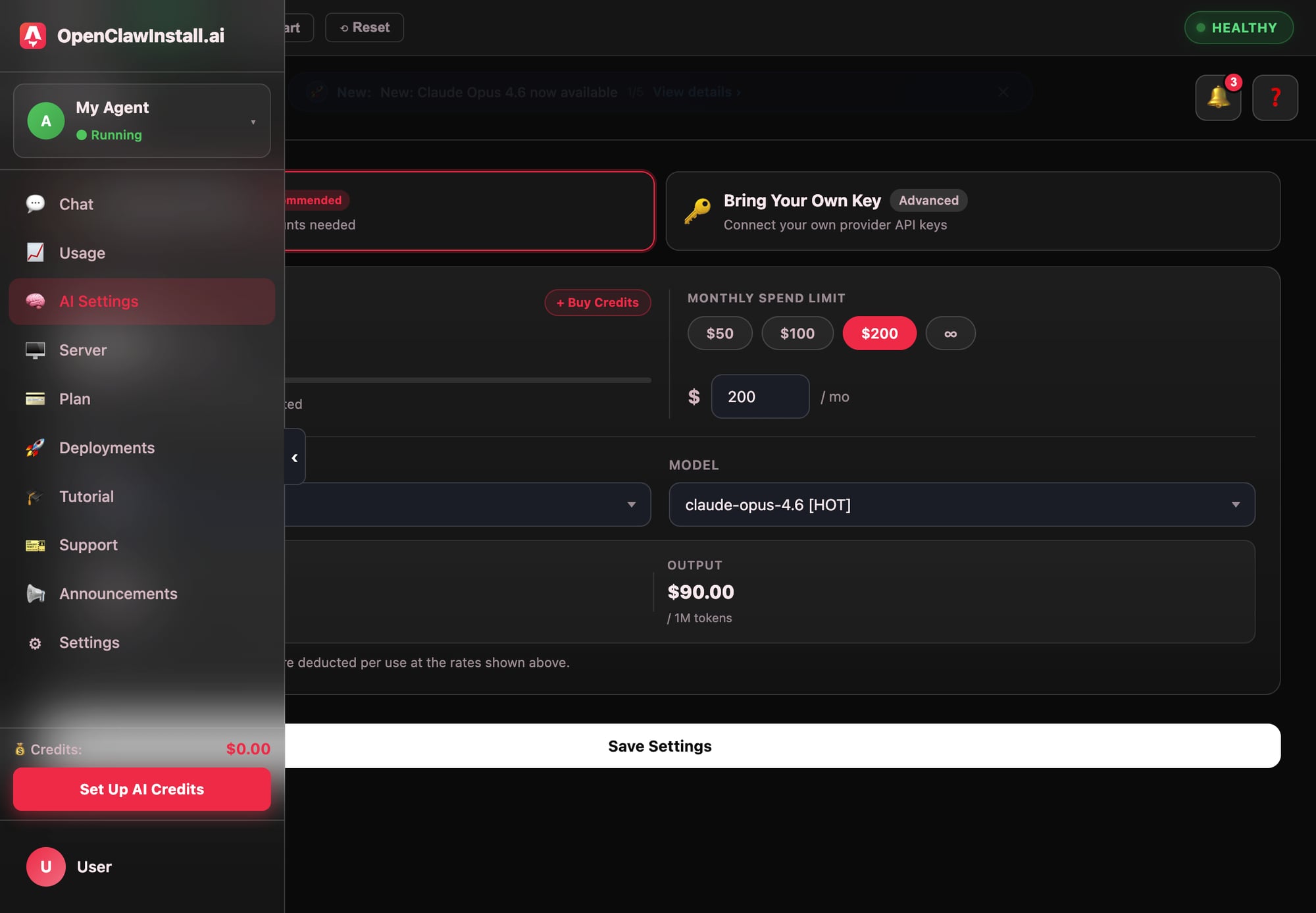 AI Settings showing model selector